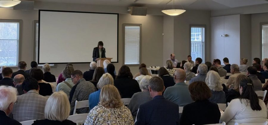 The Ohio Democratic Party's Executive Committee meet in a conference room.