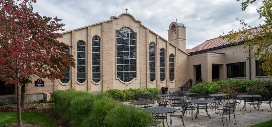 Lourdes University as seen from the sidewalk.