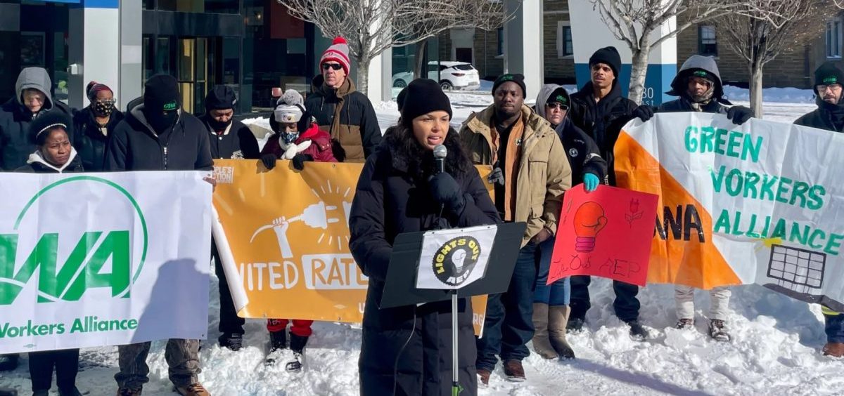 Morgan Harper, a community organizer and former U.S. Senate candidate, speaks at a protest in January outside the offices of the Public Utilities Commission of Ohio in Columbus
