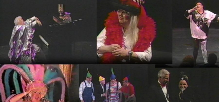 A composite of screenshots from digitized video from Voidvillities 1990, a fundraiser in Columbus that included LGBTQ performances
