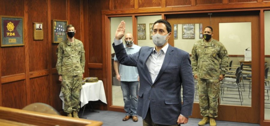 Ohio Secretary of State Frank LaRose takes the Oath of Enlistment at the Columbus Military Entrance Processing Station in Columbus