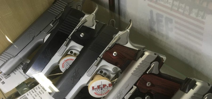 A rack of pistols on display at a gun store in suburban Columbus