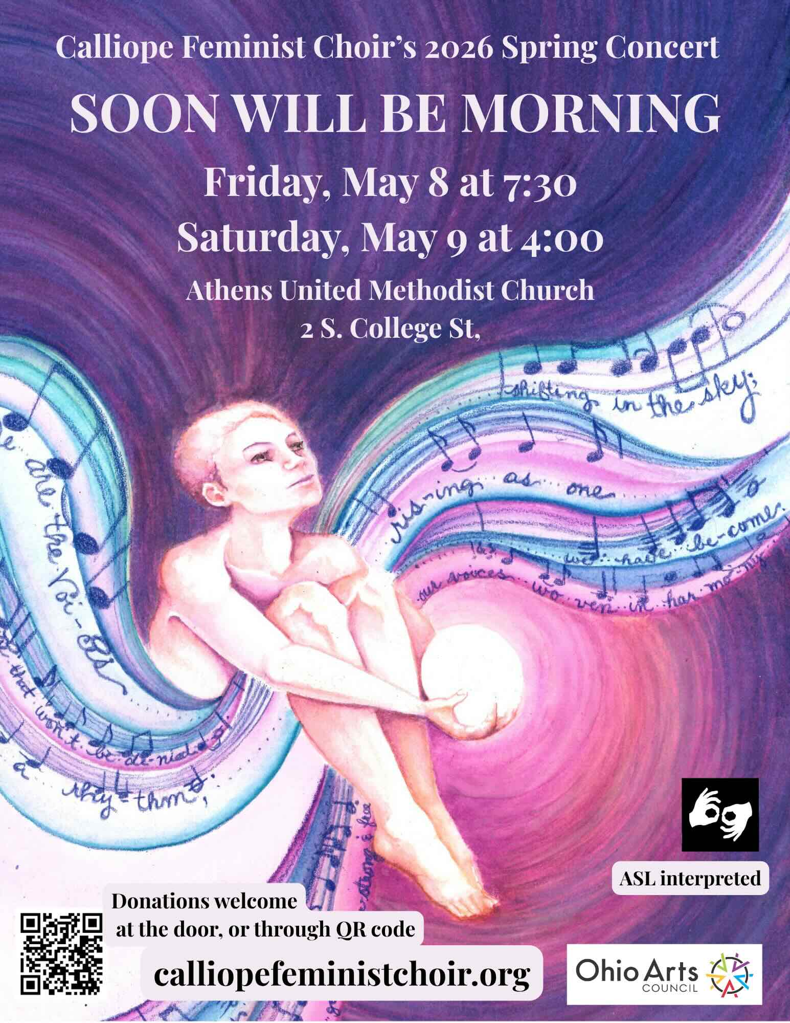 An image with information about the 2026 Calliope Feminist Choir's spring concerts.