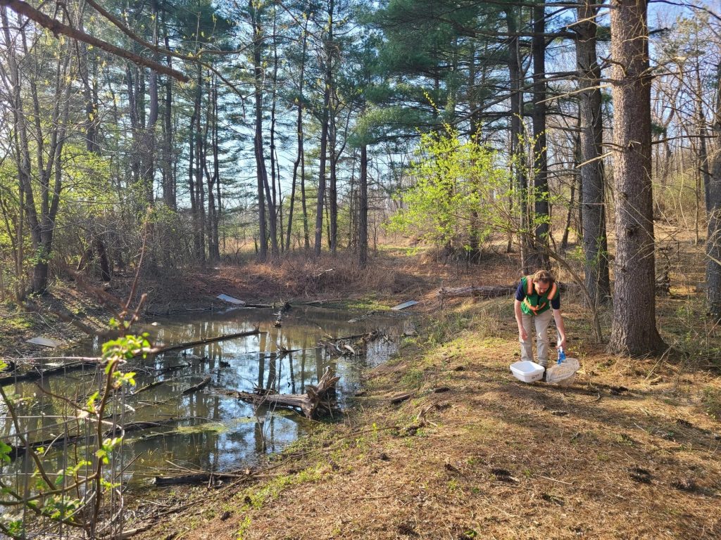 A man stands next to a pool of water.