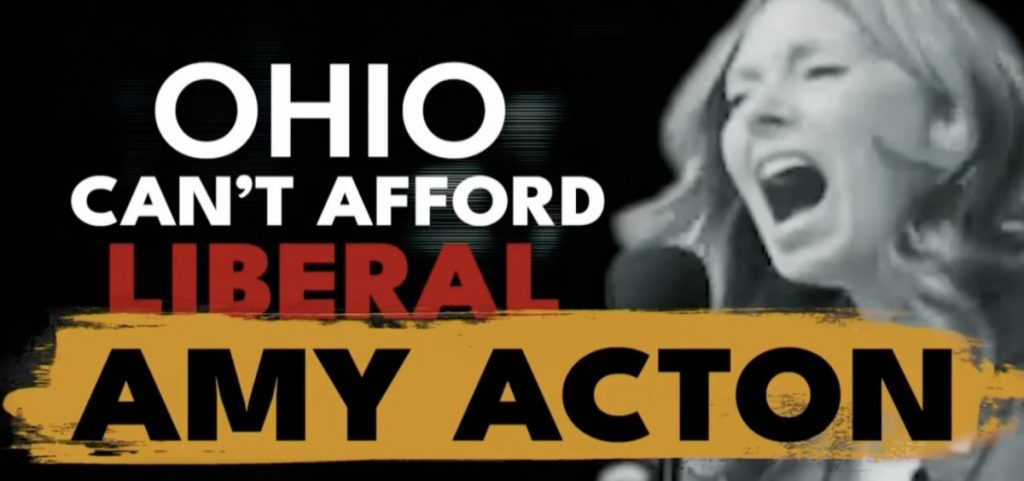 A frame from a misleading ad for Vivek Ramaswamy that reads "Ohio Can't Afford Liberal Amy Acton"