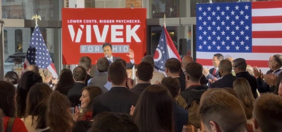 Tech billionaire Vivek Ramaswamy speaks to supporters after winning the Republican nomination for governor.