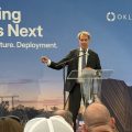 Oklo CEO Jacob DeWitte talks to a crowd gathered on the site of the former Portsmouth Gaseous Diffusion Plant in Pike County.
