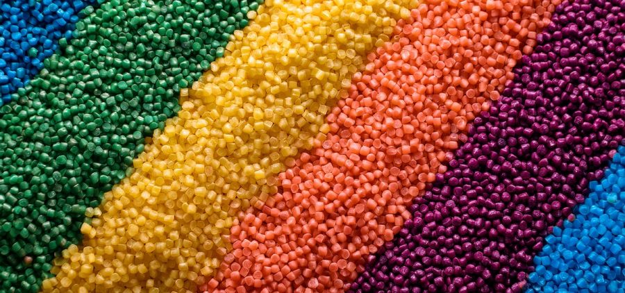 Different colors of plastic pellets.