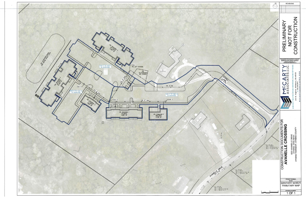 A preliminary sewer design map shows where sewer lines and buildings may be located for the low-income housing tax credit development.