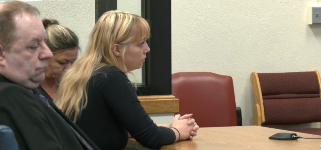 Jennifer Sweat sitting inside the Athens Courthouse, next to her attorney Assistant Public Defender Donald Gallick. While talking to Judge George McCarthy
