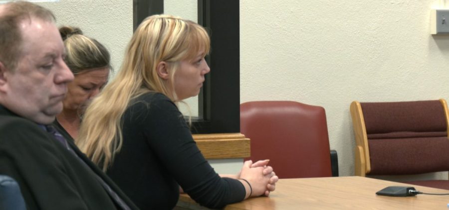 Jennifer Sweat sitting inside the Athens Courthouse, next to her attorney Assistant Public Defender Donald Gallick. While talking to Judge George McCarthy