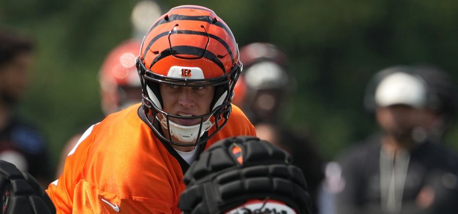 Cincinnati Bengals quarterback Joe Burrow takes a snap during practice