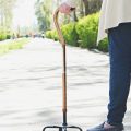 An elderly person walks with a cane in a paved path in a park
