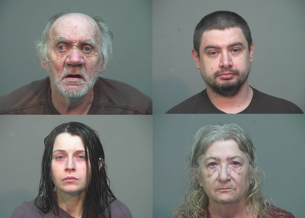 Four mugshots show an elderly man, a younger man, a younger woman and an elderly woman.