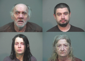Four mugshots show an elderly man, a younger man, a younger woman and an elderly woman.