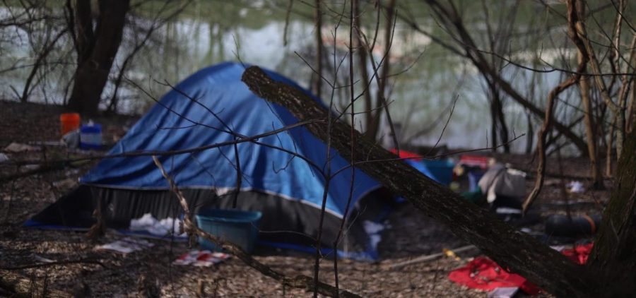 A tent sits along the river in a wooded area.