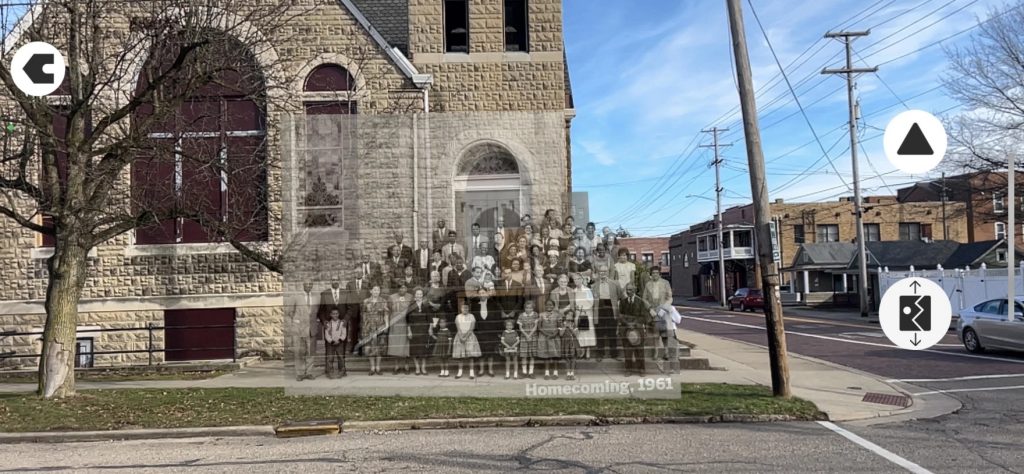 A black and white photo of people standing on steps is superimposed over the current Mt. Zion Baptist Church in Athens.
