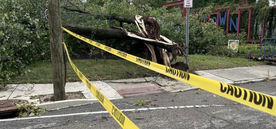 Caution tape blocks off storm damage along a city street.