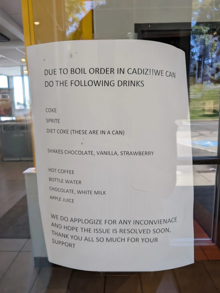 The McDonald's in Cadiz, Ohio, displayed a sign during a July boil order stating how the order impacts their beverage offerings.
