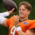 Cincinnati Bengals quarterback Joe Burrow throws a pass during a joint NFL football practice