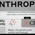Pages from the Anthropic website and the company's logos are displayed on a computer screen
