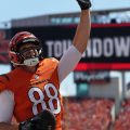 Cincinnati Bengals tight end Mike Gesicki celebrates after scoring a touchdown
