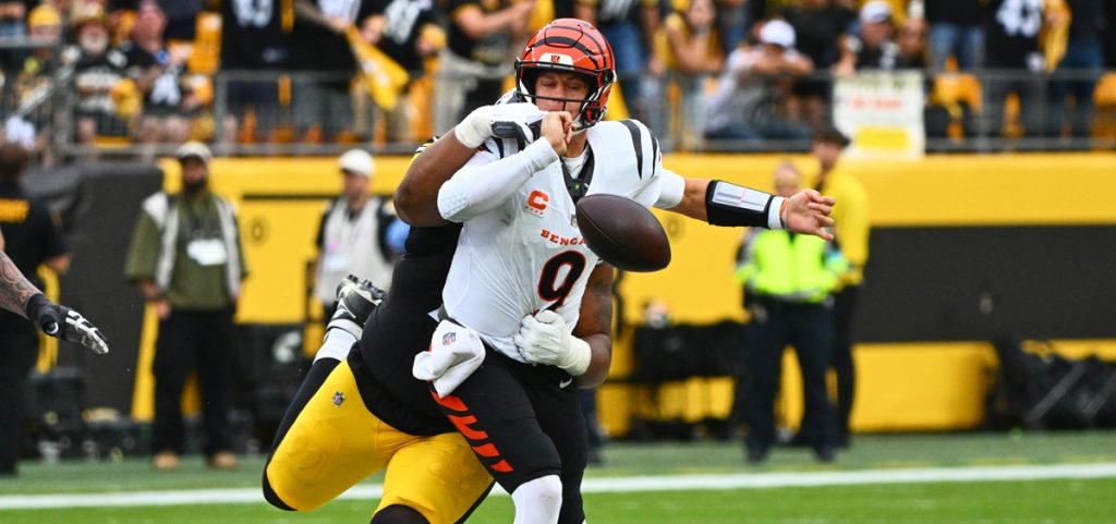 Cincinnati Bengals quarterback Joe Burrow is strip-sacked during a game