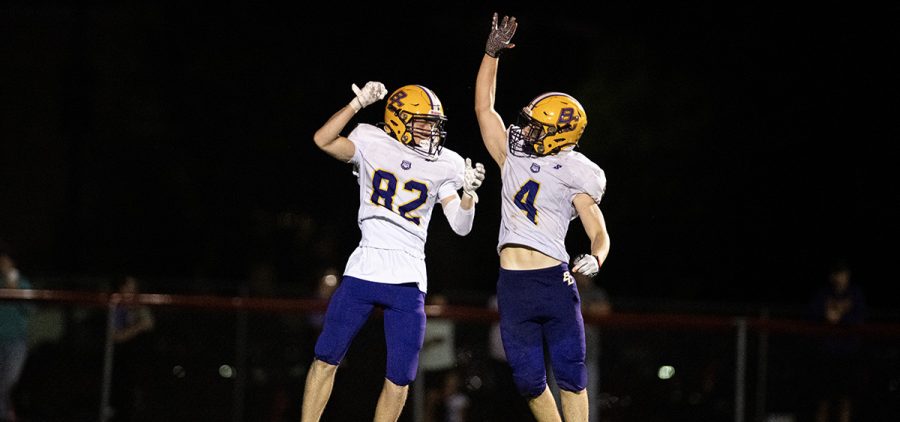 Two Bloom-Carroll players celebrate a touchdown against Fairfield Union.