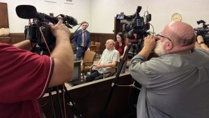 Gary Siders Sr. is wheeled into a Vinton County courtroom for his evaluation hearing on Wednesday.