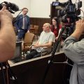 Gary Siders Sr. is wheeled into a Vinton County courtroom for his evaluation hearing on Wednesday.