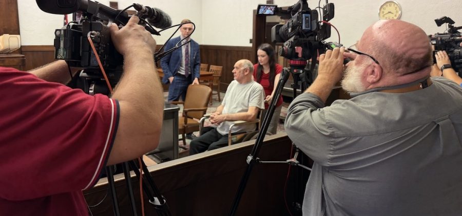 Gary Siders Sr. is wheeled into a Vinton County courtroom for his evaluation hearing on Wednesday.