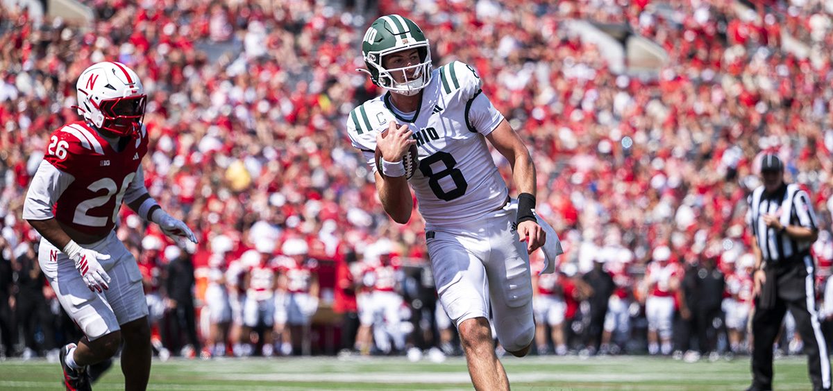 Ohio football's Nick Poulos runs in a touchdown during their game against the Nebraska Cornhuskers.