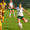Ohio Soccer senior midfielder, Kate Robinson clears ball in loss to Western Michigan