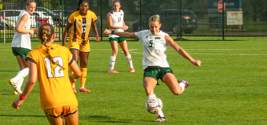 Ohio Soccer senior midfielder, Kate Robinson clears ball in loss to Western Michigan