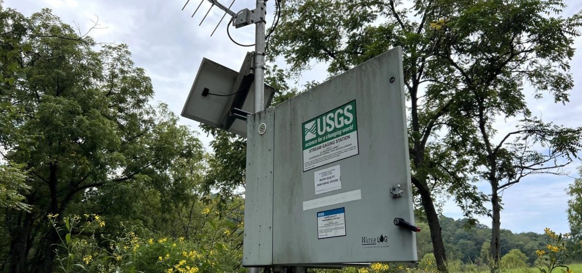 A USGS streamgage in Harrison County measures the water level, flow and temperature of a local creek.