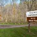 A sign in a wooded area reads Ring Mill Campground Wayne National Forest U.S. Department of Agriculture