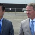 U.S. Sens. Bernie Moreno (left) and Jon Husted at an event in Columbus