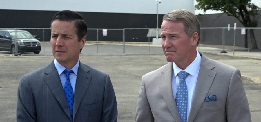 U.S. Sens. Bernie Moreno (left) and Jon Husted at an event in Columbus