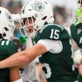 Ohio Football's Riley Neer celebrating with Dom Dorwart