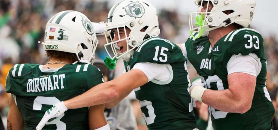 Ohio Football's Riley Neer celebrating with Dom Dorwart