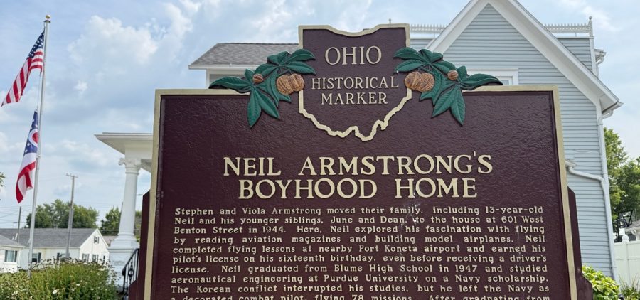 An Ohio historical landmark sign is displayed outside the former home of Neil Armstron