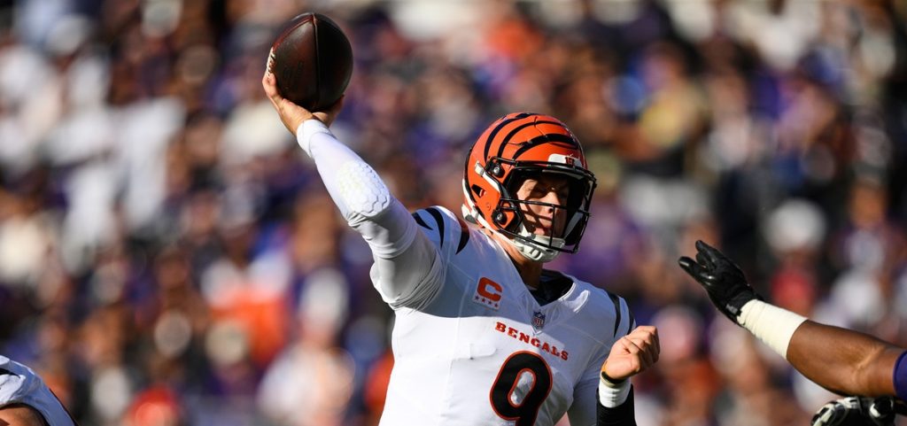 Cincinnati Bengals quarterback Joe Burrow (9) throws the ball during the second half of an NFL football game against the Baltimore Ravens