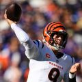 Cincinnati Bengals quarterback Joe Burrow (9) throws the ball during the second half of an NFL football game against the Baltimore Ravens
