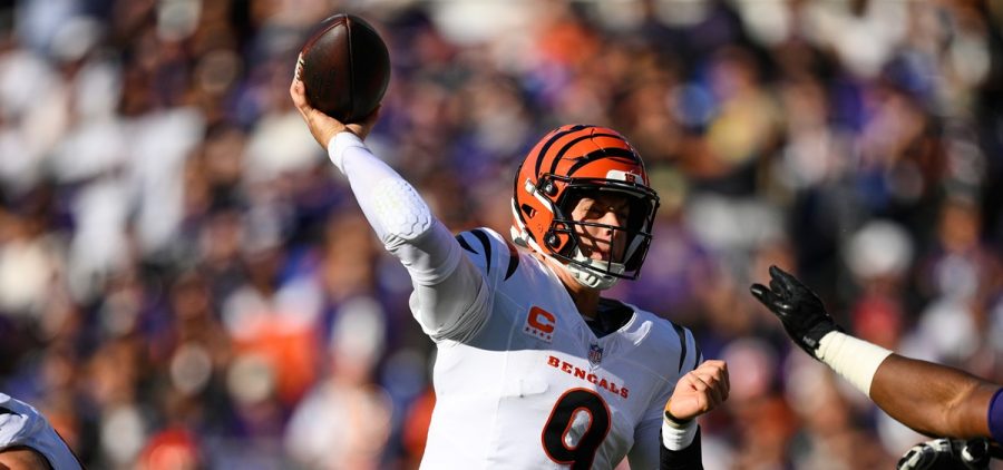 Cincinnati Bengals quarterback Joe Burrow (9) throws the ball during the second half of an NFL football game against the Baltimore Ravens