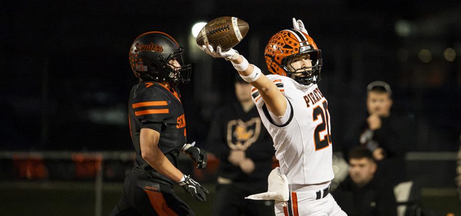 The Wheelersburg Pirates' receiver celebrates after the first touchdown of the game against the Portsmouth West Senators.