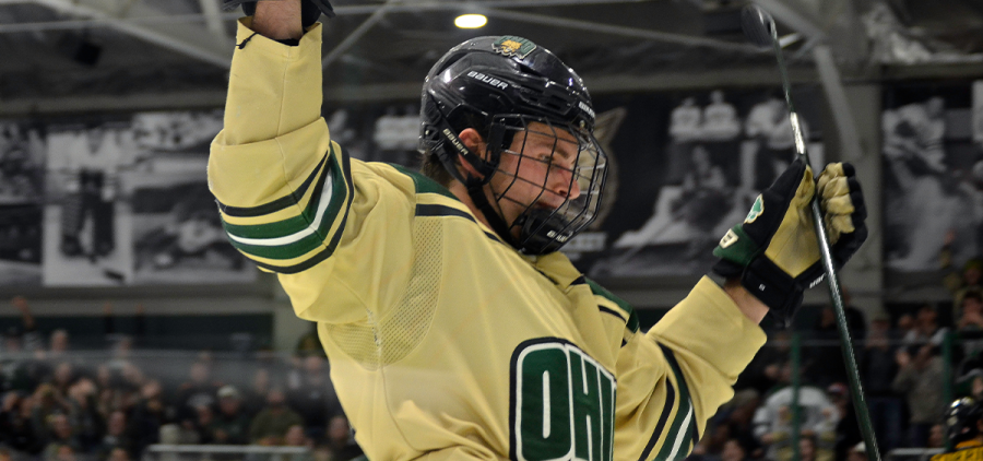 Ohio Hockey player celebrating win over Adrian
