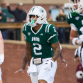 Ohio Football wide receiver Preston Bowman celebrating with teammates after scoring a touchdown against Central Michigan