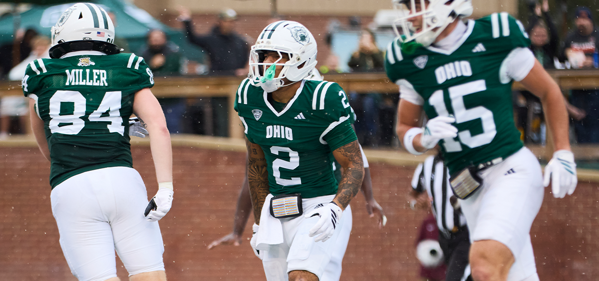 Ohio Football wide receiver Preston Bowman celebrating with teammates after scoring a touchdown against Central Michigan