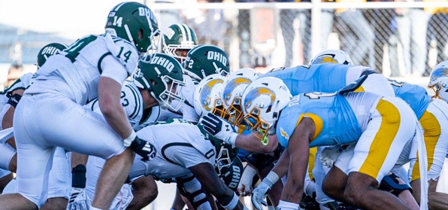 Ohio Football defense lining up on the goalline in a win against Kent State