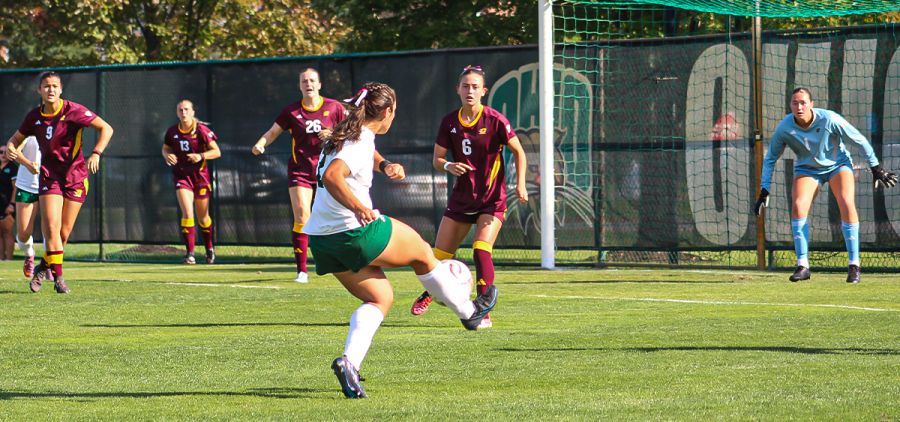 Ohio Soccer defender Ella Deevers takes a shot in a draw against Central Michigan